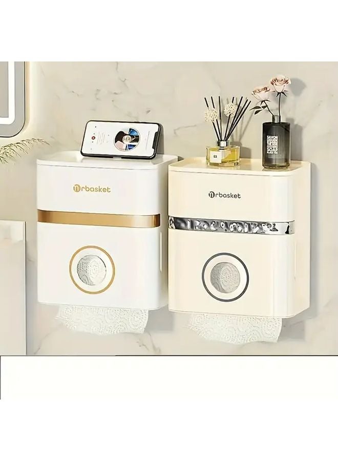 صندوق مناديل حائط مزدوج الطبقات خفيف الوزن بدون حفر أبيض - توفير مساحة التخزين في الحمام - Image 4